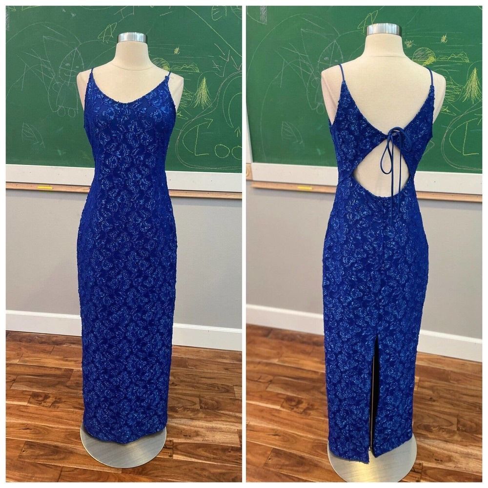 Vintage 90s gown blue metallic thread women's size 10 open back homecoming